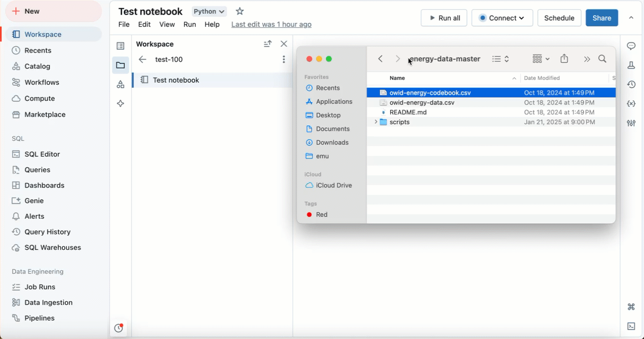 从笔记本编辑器中拖放工作区文件浏览器侧面板中的文件。