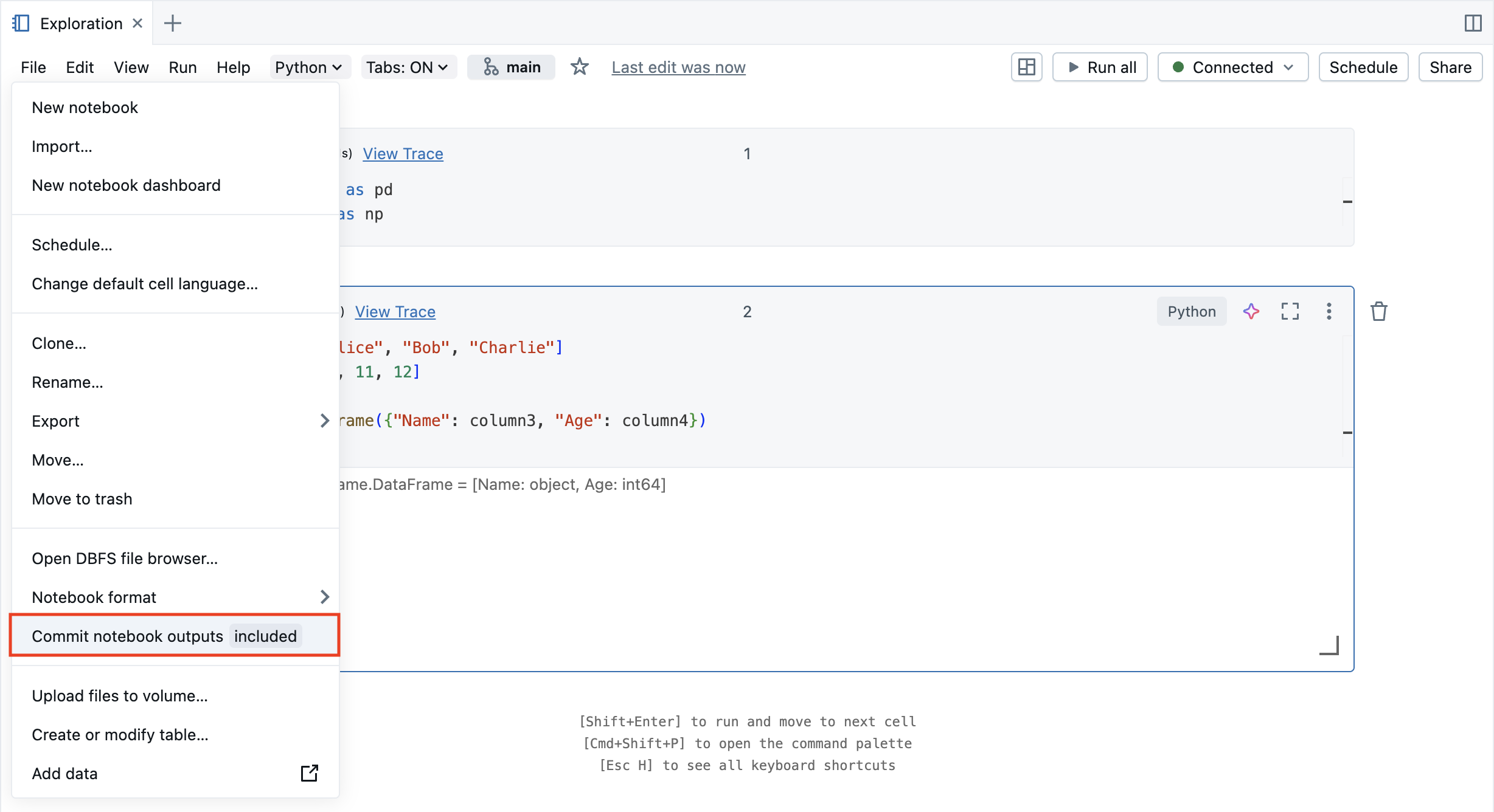 笔记本编辑器：提交笔记本输出状态和控件。