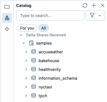 SQL 编辑器中的左窗格包括工作区文件浏览器、架构浏览器和 Databricks 助手的选项卡。