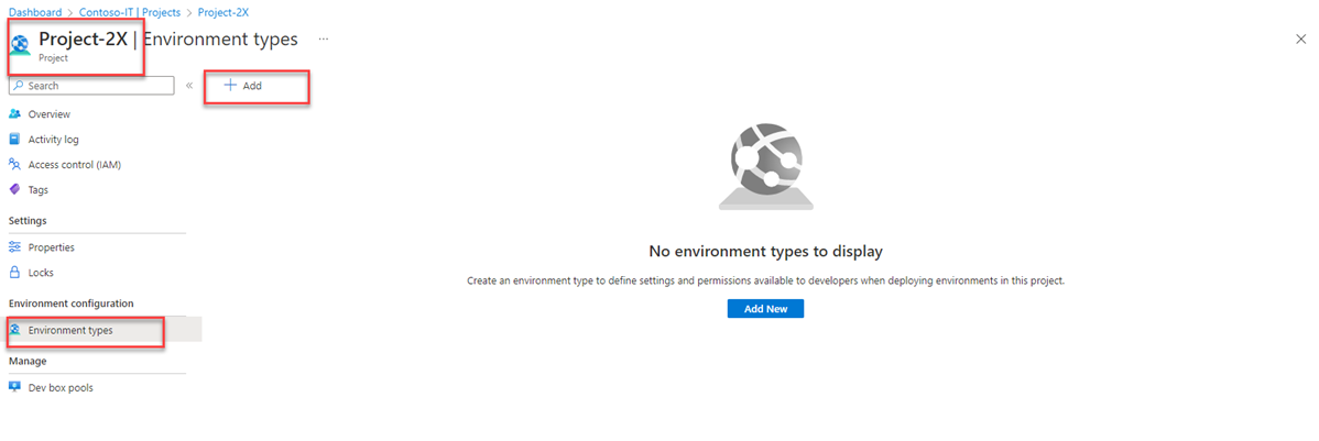 屏幕截图显示如何添加项目环境类型。