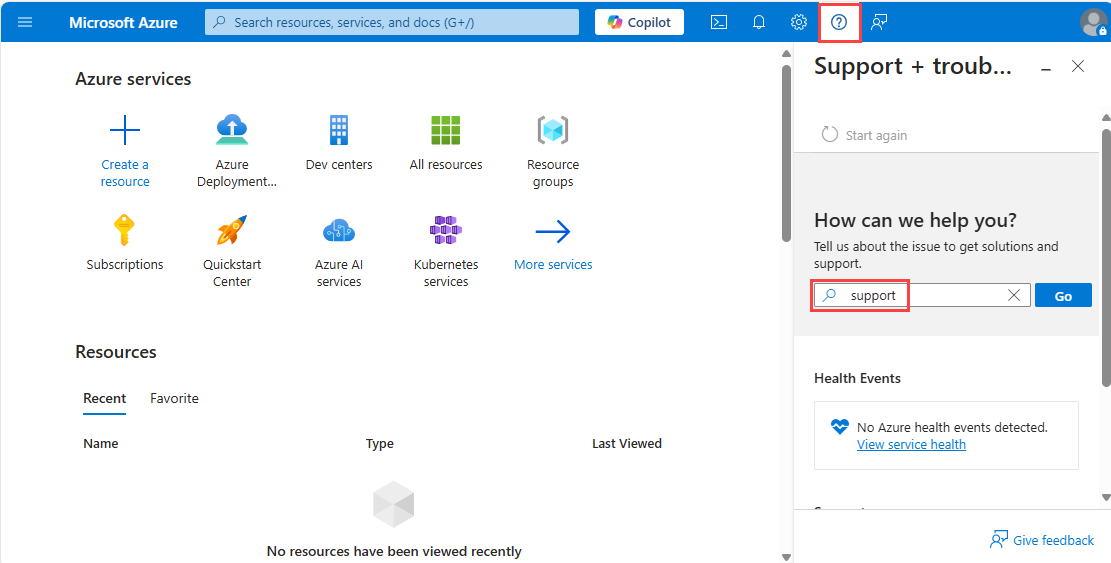 Azure 门户主页的屏幕截图,其中突出显示了“请求增加核心限制”按钮。