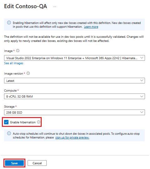 用于编辑开发框定义的页面的屏幕截图,其中已选中“启用休眠”。