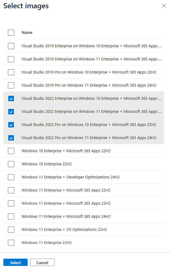 显示 Azure 门户中自定义项目策略的“选择图像”窗格的屏幕截图。