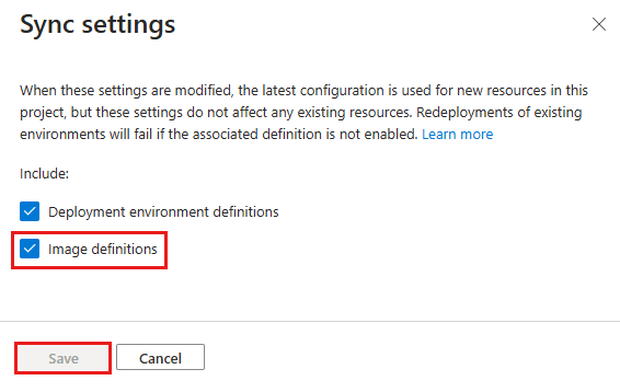 Azure 门户中同步设置窗格的屏幕截图，其中突出显示了图像定义的复选框。