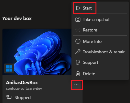 开发人员门户的屏幕截图，其中显示了已停止开发盒的操作菜单。