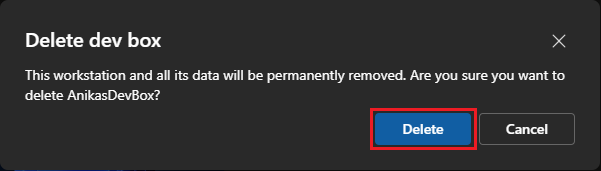 选择删除开发框后确认消息的屏幕截图。