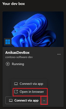 显示“在浏览器中打开”选项的开发箱磁贴的屏幕截图。