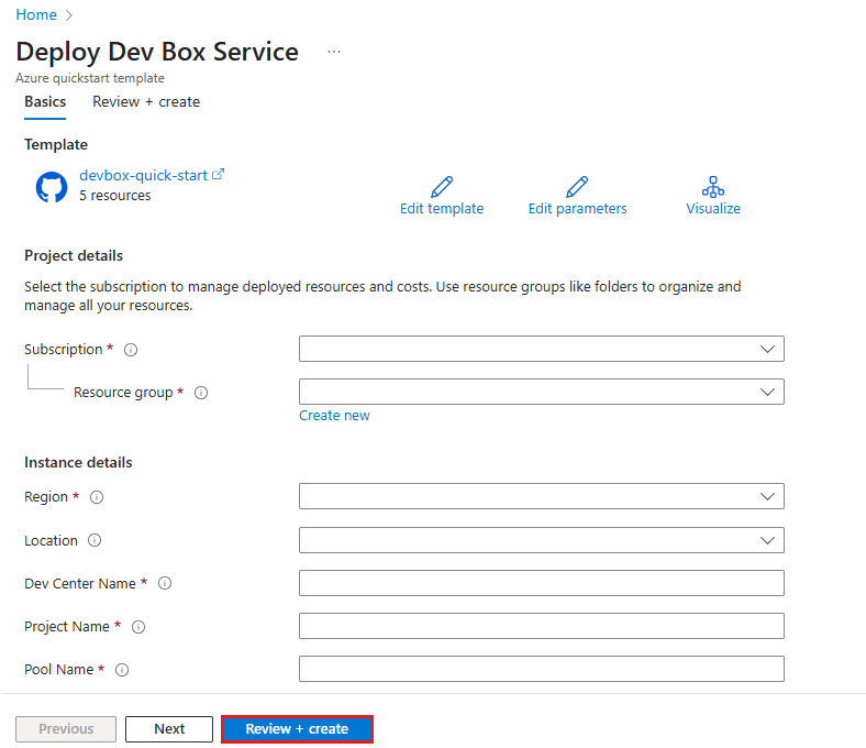 “入门”模板中“基本信息”选项卡的屏幕截图，其中显示了订阅、资源组和区域选择的字段。