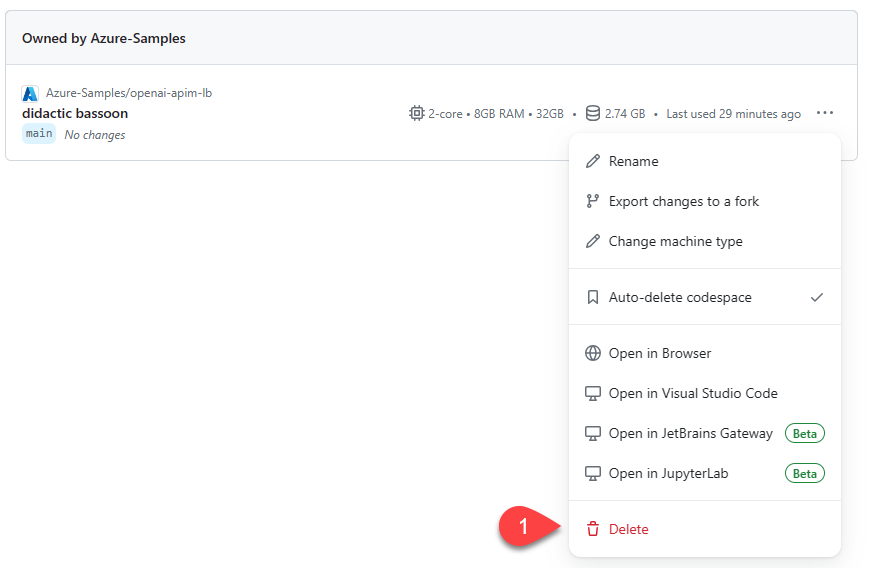 显示单个代码空间的上下文菜单的屏幕截图，其中突出显示了“删除”选项。