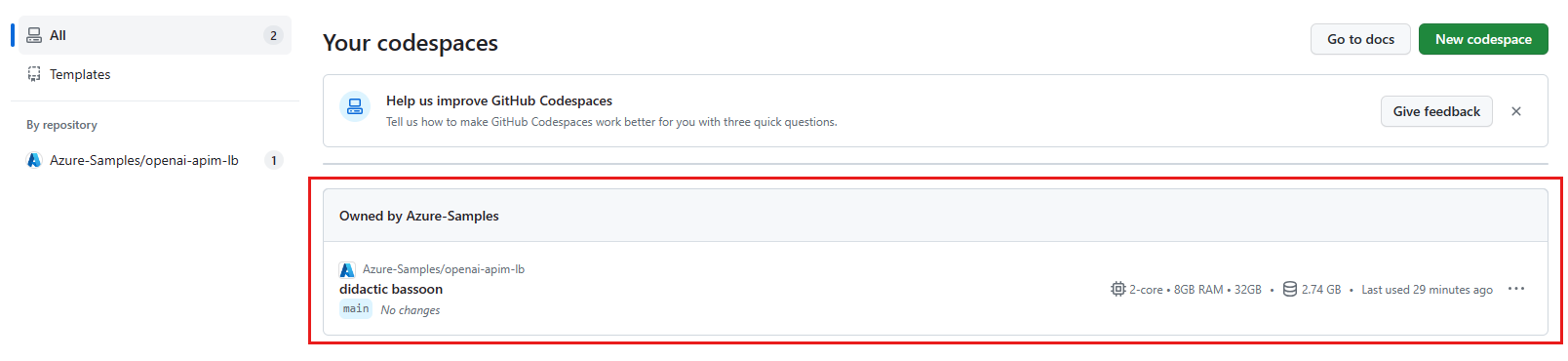 显示所有正在运行的代码空间（包括其状态和模板）的屏幕截图。