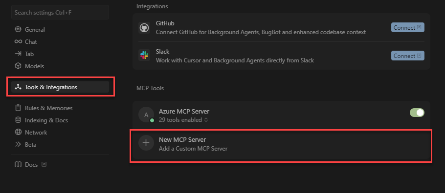 显示如何在 Cursor 中配置 MCP 服务器的屏幕截图。