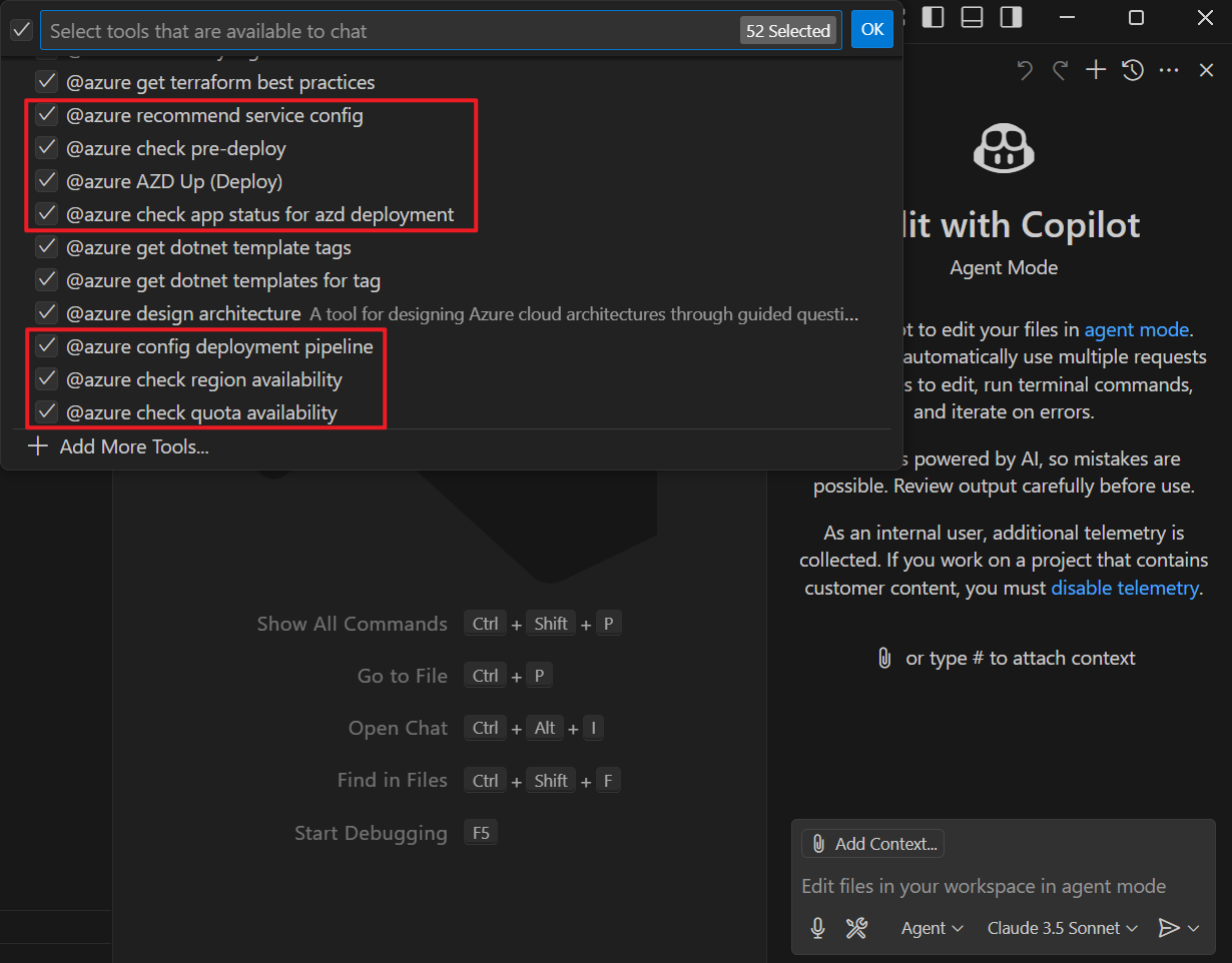 所选 GitHub Copilot for Azure 工具的屏幕截图。