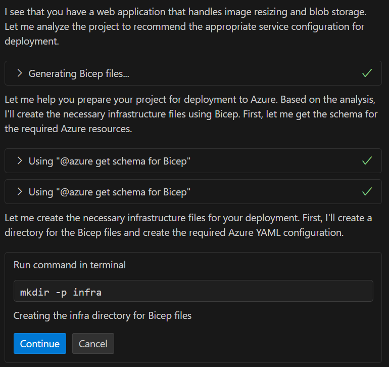 GitHub Copilot Chat 窗格的屏幕截图，展示了如何为 bicep 文件创建目录。