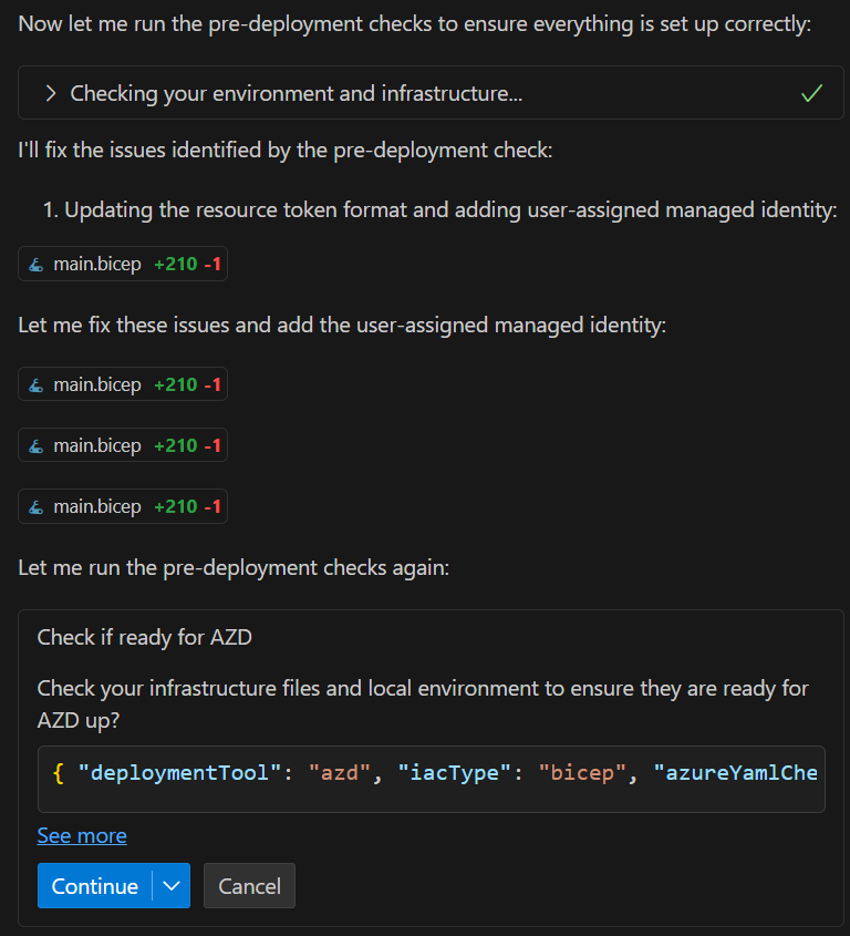 GitHub Copilot Chat 窗格的屏幕截图，在运行 azd 之前检查文件并修复问题。