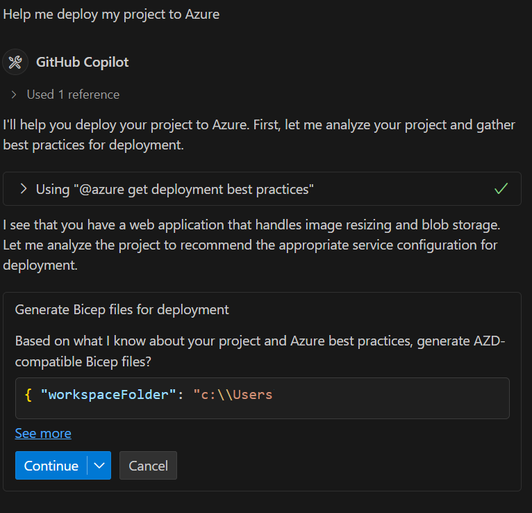 GitHub Copilot 聊天窗格的屏幕截图，其中评估了项目以推荐资源。