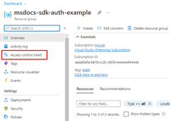 显示 Azure 资源组左侧菜单中访问控制菜单项位置的屏幕截图。