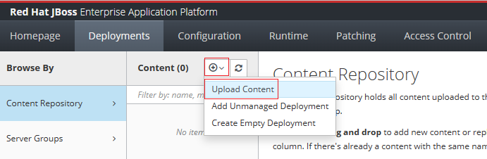 “JBoss EAP 管理控制台部署”选项卡的屏幕截图,其中突出显示了“上传内容”菜单项。