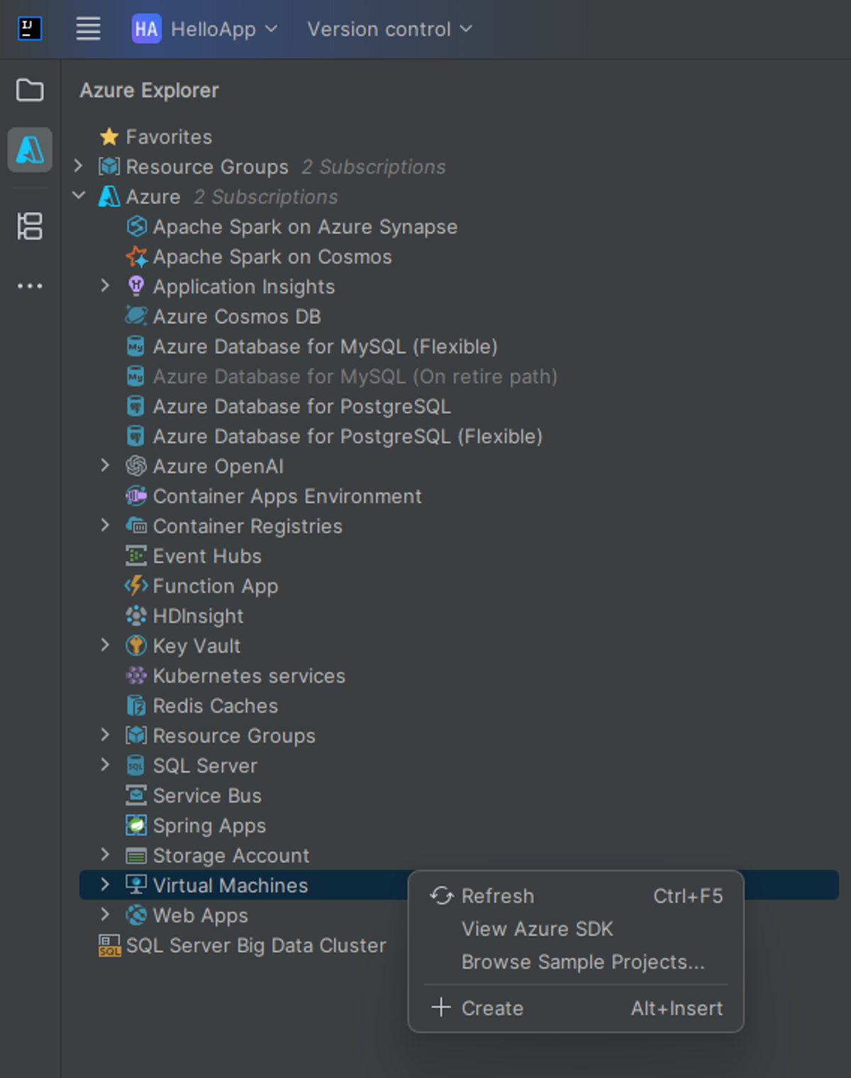 Azure 资源管理器中创建 VM 选项。