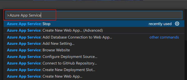 应用服务的 Visual Studio Code 命令面板的屏幕截图。