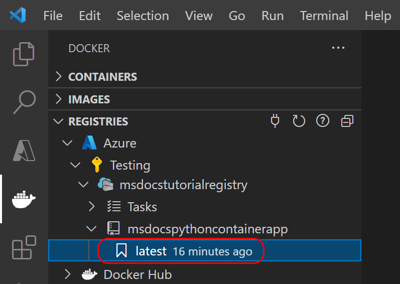 显示如何在 Visual Studio Code 中确认要在 Azure 中生成容器的信息的屏幕截图。