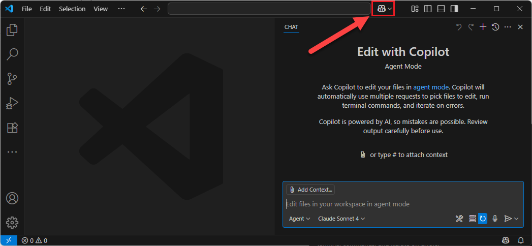 VS Code 中 Copilot 切换聊天选项的屏幕截图。