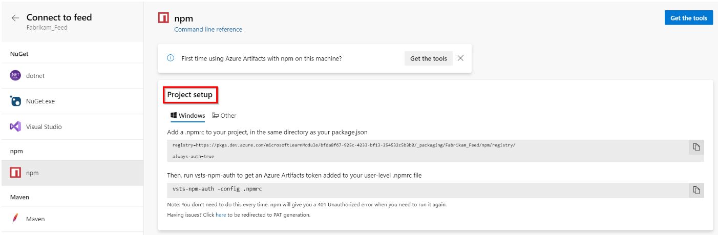 显示如何在 Azure Artifacts 中设置 npm 项目的屏幕截图。