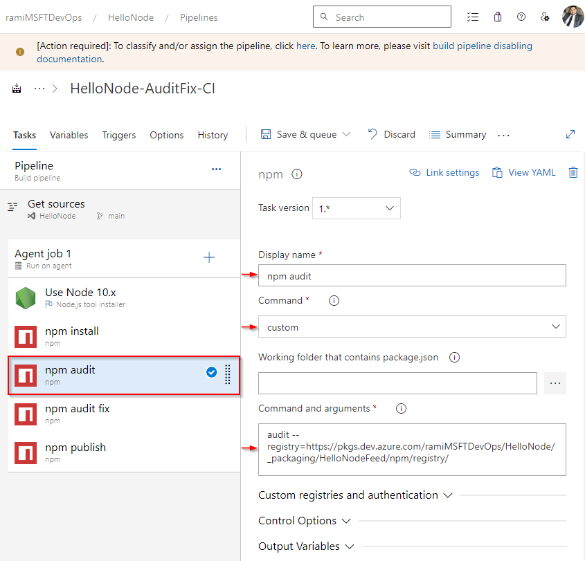 显示经典管道中 npm 审核任务的屏幕截图。