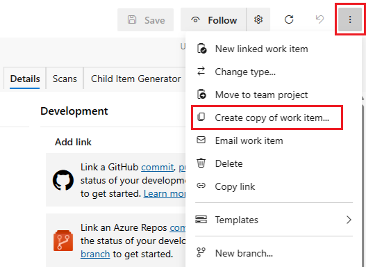 屏幕截图显示了打开上下文菜单，并且“创建工作项的副本”已突出显示。