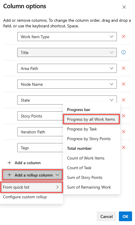 “列选项”对话框的屏幕截图。