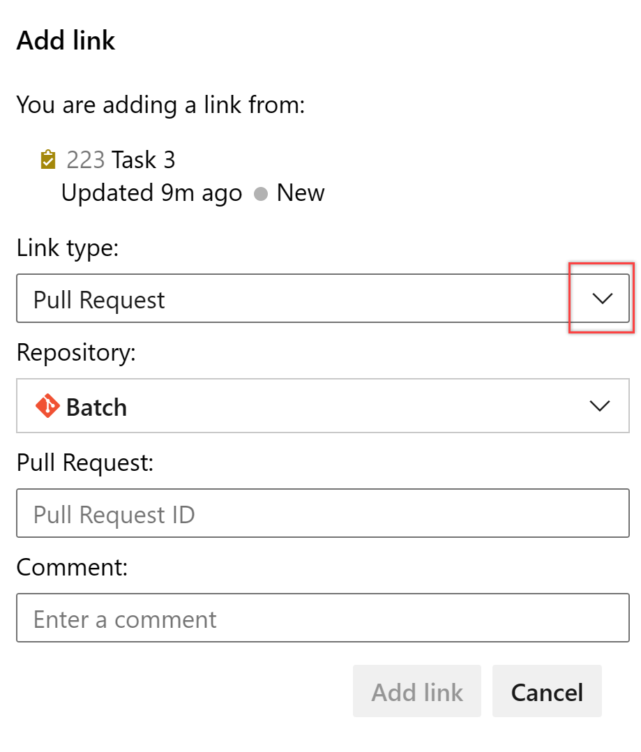 工作项窗体的屏幕截图，“链接”选项卡，“添加指向问题的链接”。