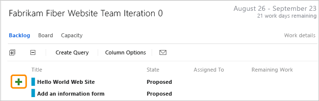 显示 Web 门户中冲刺积压工作页上的“添加任务”链接的屏幕截图