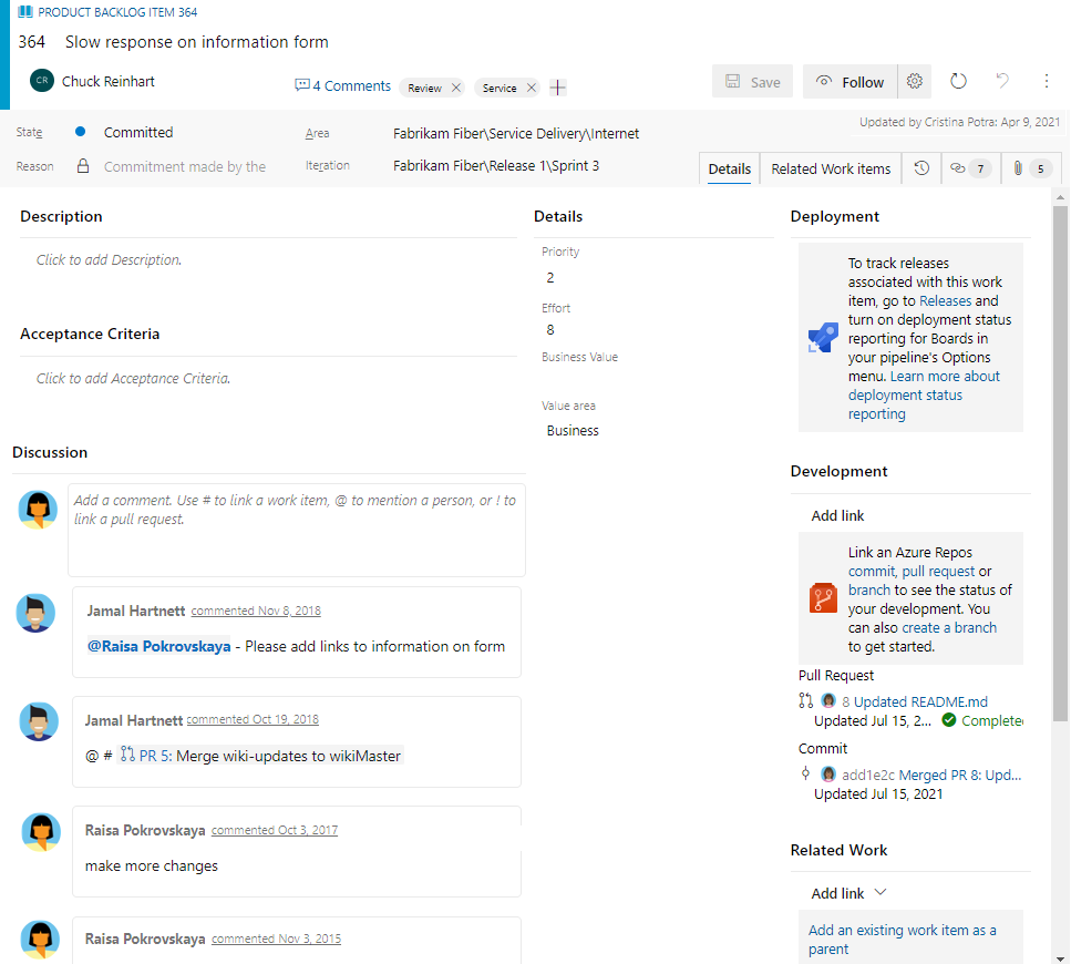 显示产品积压工作项工作项窗体的屏幕截图。