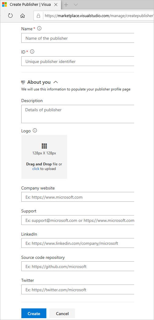 显示了突出显示的按钮“创建发布者”的屏幕截图。