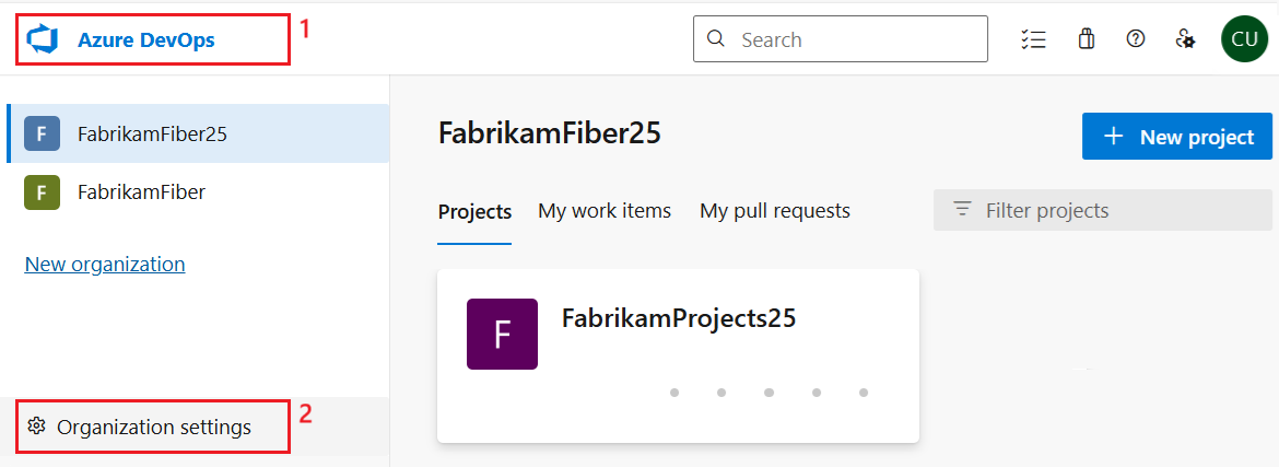 显示如何首先选择产品图标在 Azure DevOps 中打开“组织设置”页的屏幕截图。