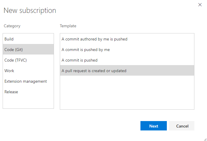 显示如何在早期版本的 Azure DevOps 中选择新通知订阅的类别和模板类型的屏幕截图。