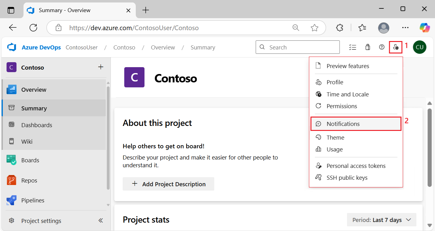 显示如何在 Azure DevOps 中打开个人通知页的屏幕截图。