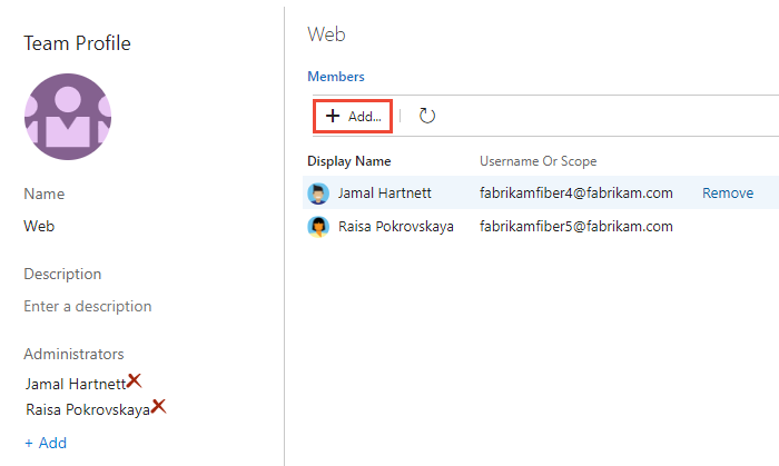 “团队配置文件”对话框的屏幕截图，其中突出显示了“添加”选项。