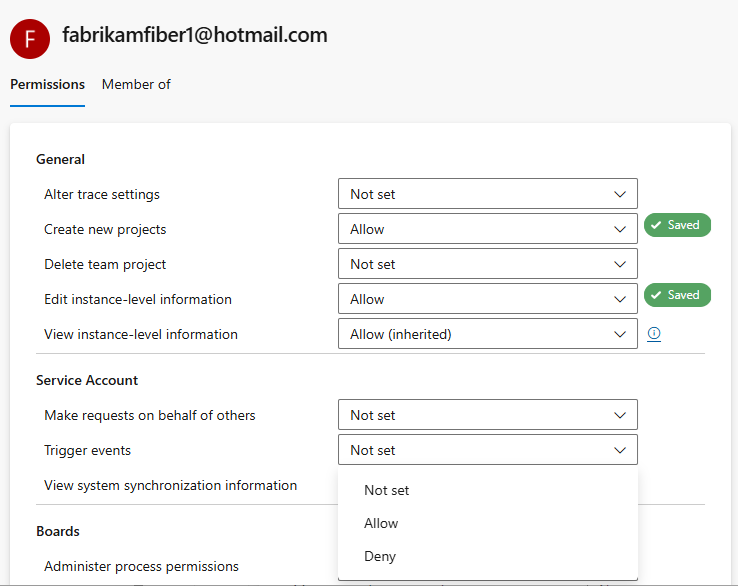 显示所选用户、权限的屏幕截图。