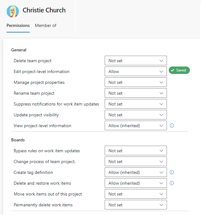 更改所选用户的权限。