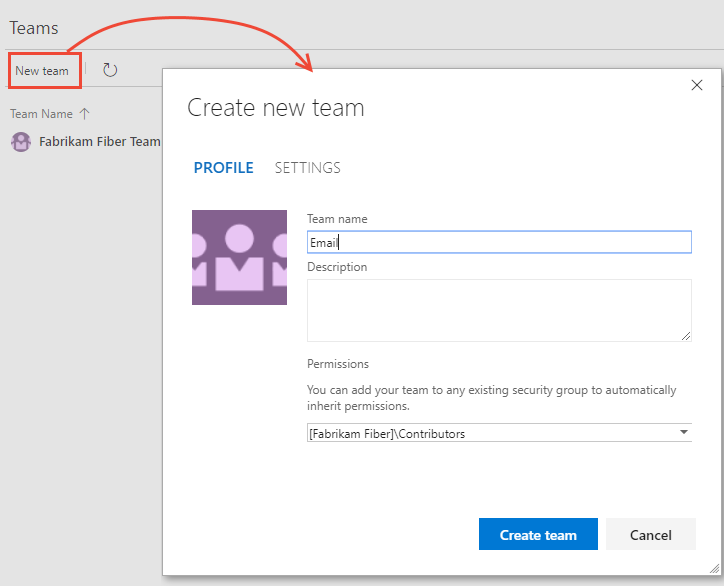 当前页面上具有自己的区域路径的新团队子团队的屏幕截图