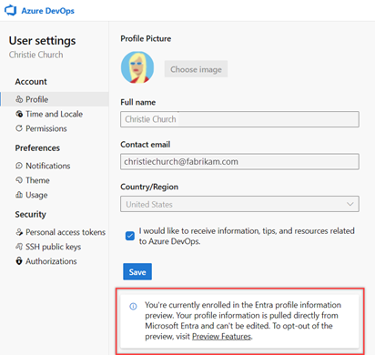 屏幕截图显示“个人资料”页中的 Microsoft Entra 个人资料信息。