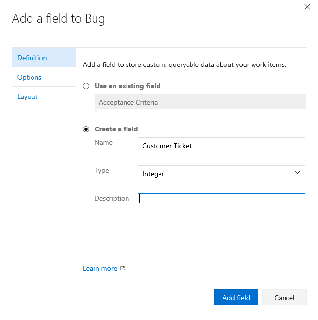 屏幕截图显示 Bug 的“创建字段”选项。