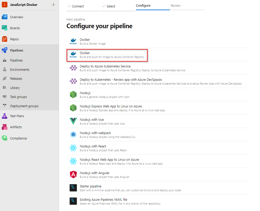 选择 Docker 管道模板的屏幕截图。