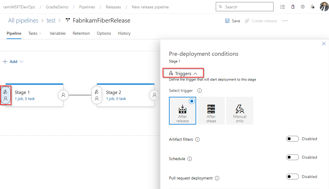 显示发布管道中的阶段触发器的屏幕截图。