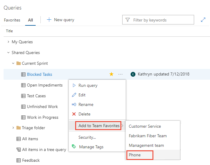 屏幕截图显示了“工作”>“查询”、“添加到收藏夹”选项。