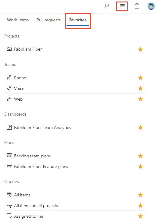 屏幕截图显示收藏项的视图。