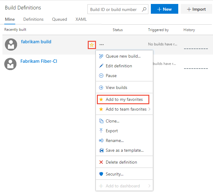 屏幕截图显示了“管道”、“生成”、“添加到我的收藏夹”或“团队收藏夹”。