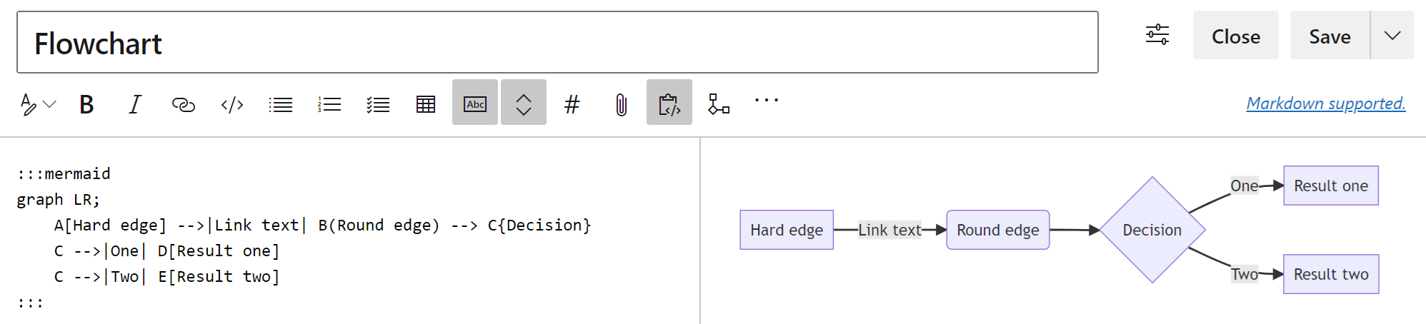 美人鱼实时编辑器的屏幕截图，其中包含流程图的代码和已发布视图的预览。