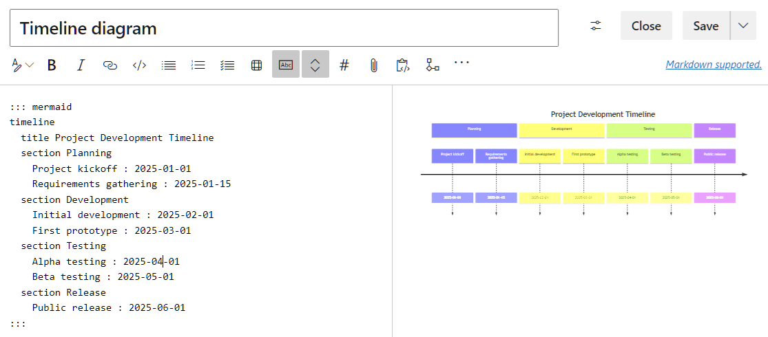 美人鱼实时编辑器的屏幕截图，其中包含时间线图的代码和已发布视图的预览。