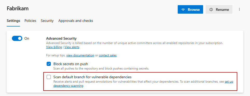 Screenshot of repository settings Screenshot of security overview.